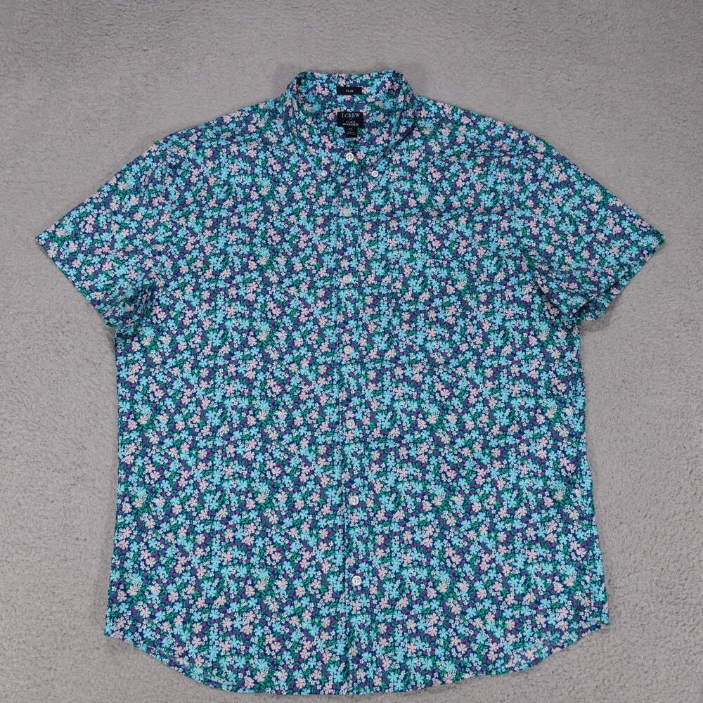 J Crew Floral Shirt Mens XL SLIM Blue Pink Short Sleeve Button Down